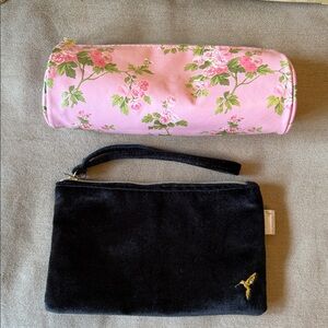 Floral Pink Cosmetic Pouch & Black Velvet Wristlet Set